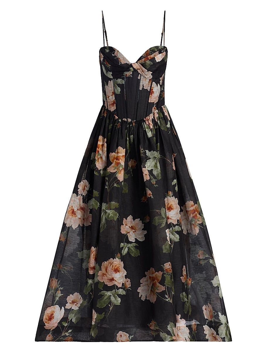 Women's Luna Floral Linen-Silk Midi-Dress - Black Rose - Size 10