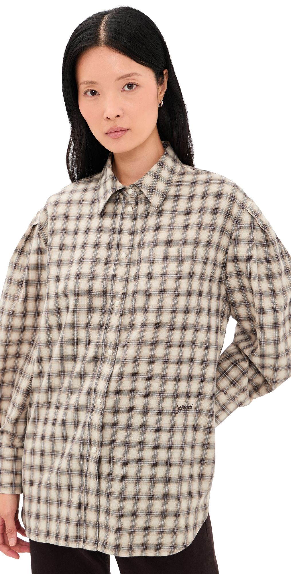 GANNI Light Check Flannel Pleated Sleeve Shirt Oyster Gray 44
