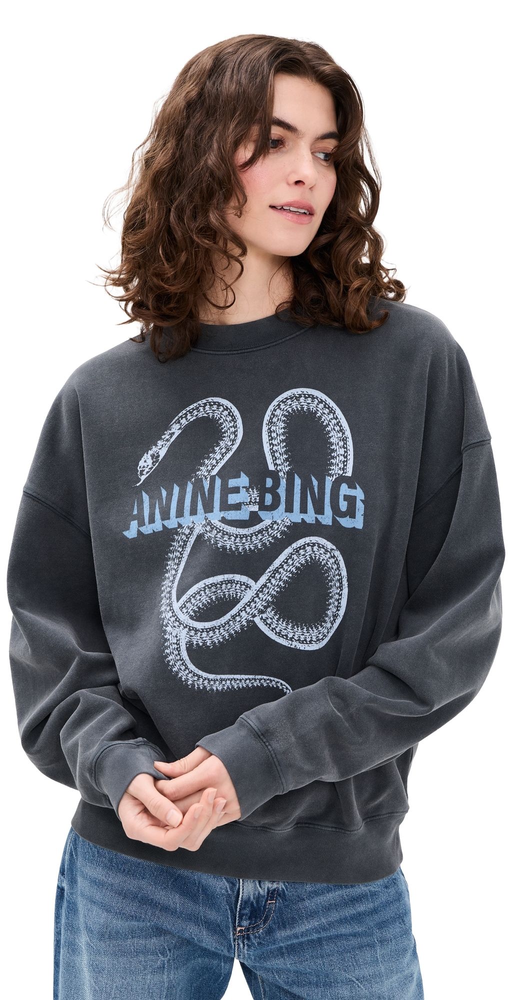 ANINE BING Harvey Crew Snake Sweatshirt Washed Black S