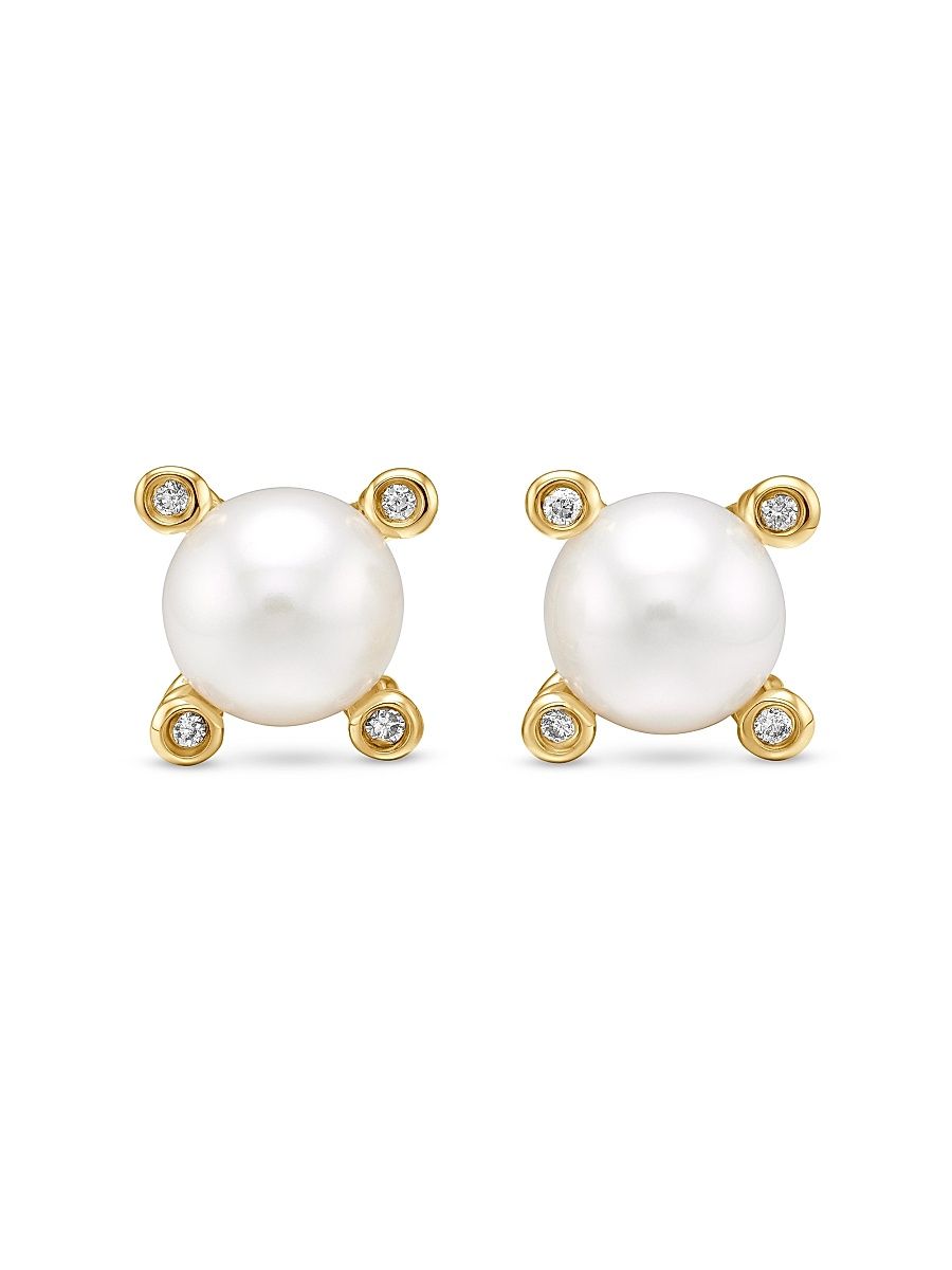 Women's Pearl Stud Earrings in 18K Yellow Gold with Pearls and Diamonds, 7.4MM - Pearl
