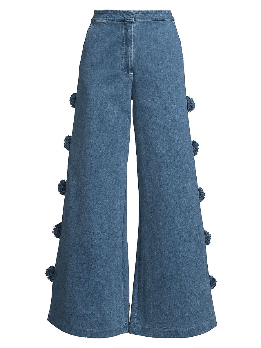 Women's Pom-Pom Denim Trousers - Medium Wash - Size Large