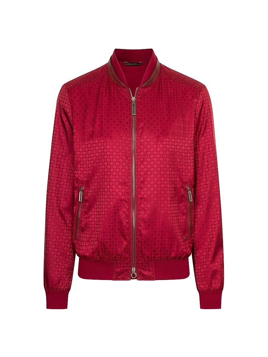 Men's Jacquard and Lambskin Leather Blouson Jacket - Ruby Red - Size 46
