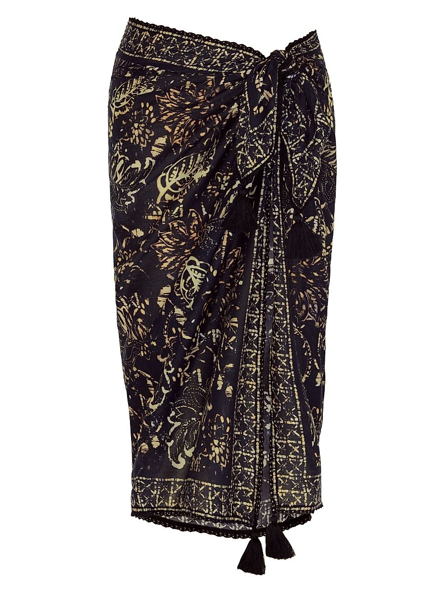 Women's Balinese Botanical Print Cotton Pareo - Black Multi