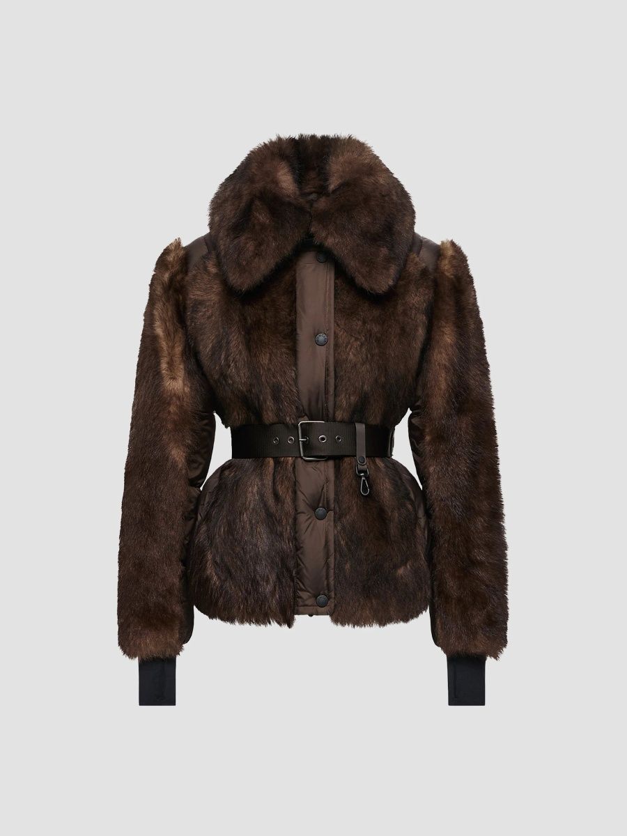 Moncler Women's Valdivian Shearling Short Down Coat - Brown - Size Medium
