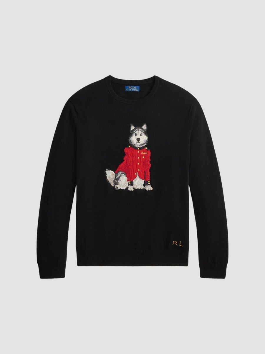 Polo Ralph Lauren Men's Dog-Intarsia Cashmere Crewneck Sweater - Black Combo - Size Small