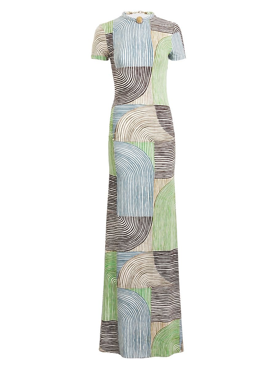 Women's Yara Printed Necklace-Collar T-Shirt Maxi Dress - Abstract Green Print - Size XS