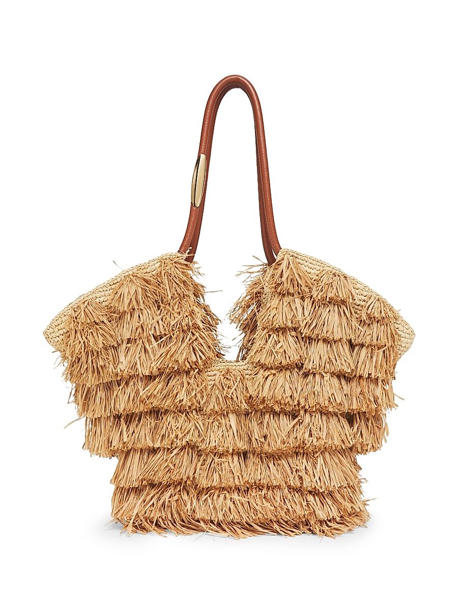 Women's Medium Goldentime Fringed Raffia Tote Bag - Tan Fringe Stripe