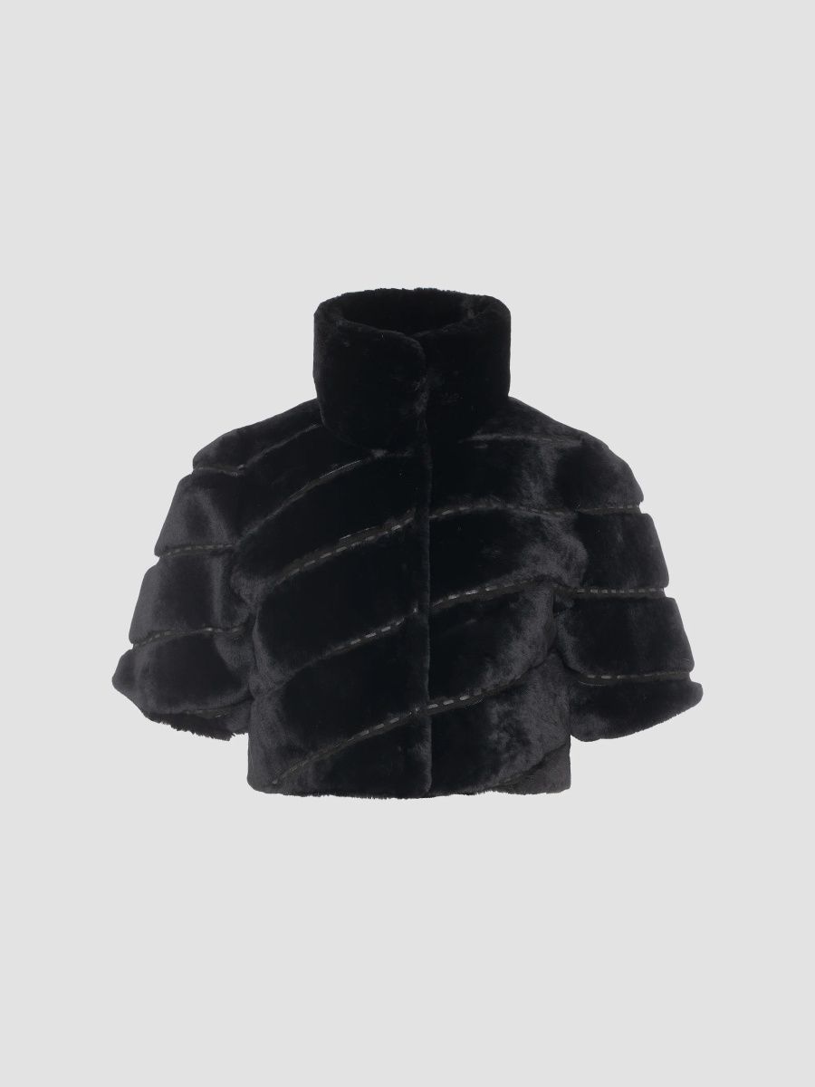 Gorski Women's Select Shearling Lamb Diagonal Bolero with Cropped Sleeves - Black - Size XL