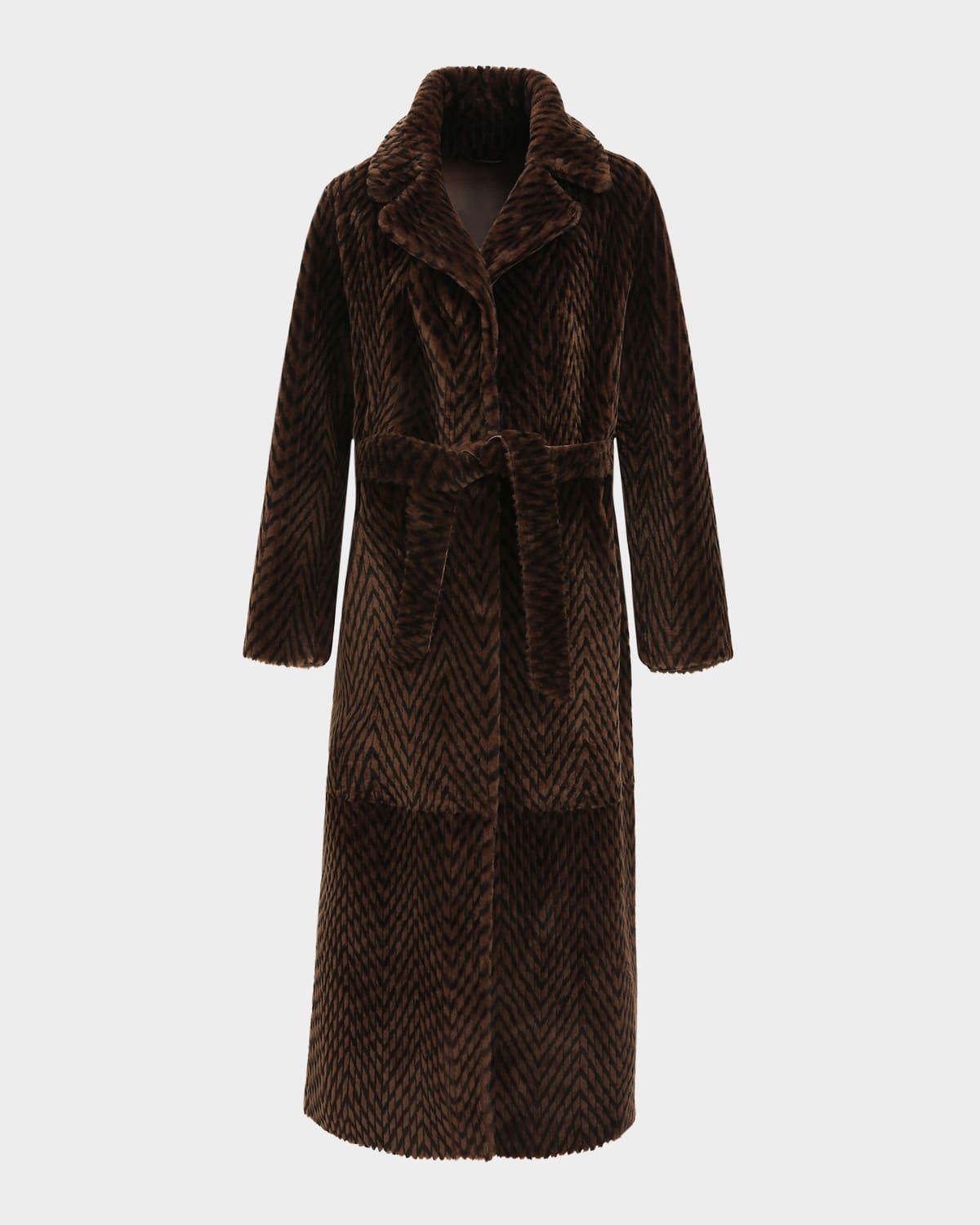 Reversible Chevron-Print Grooved Shearling Lamb Coat With Belt