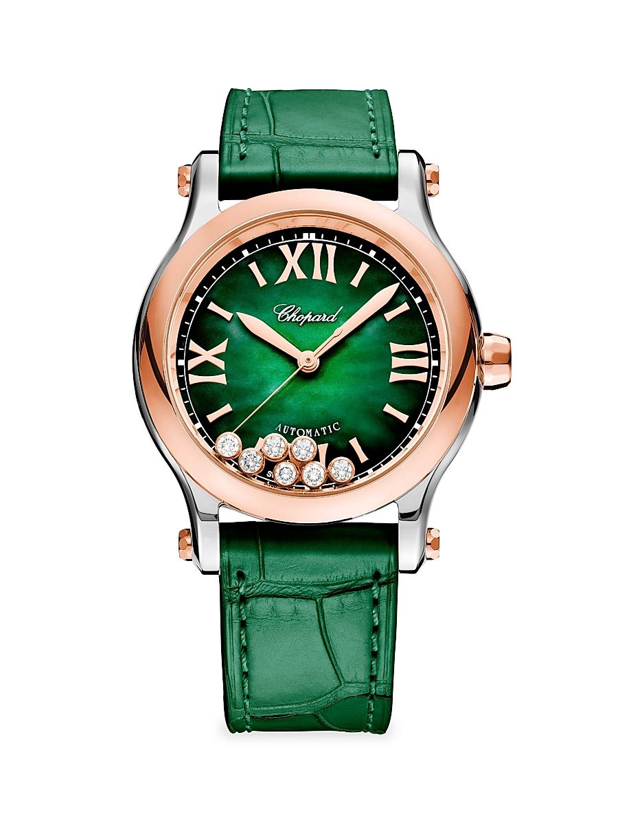 Women's Happy Sport Stainless Steel, 18K Rose Gold, Diamond & Alligator Leather Strap Watch - Green - Size 36