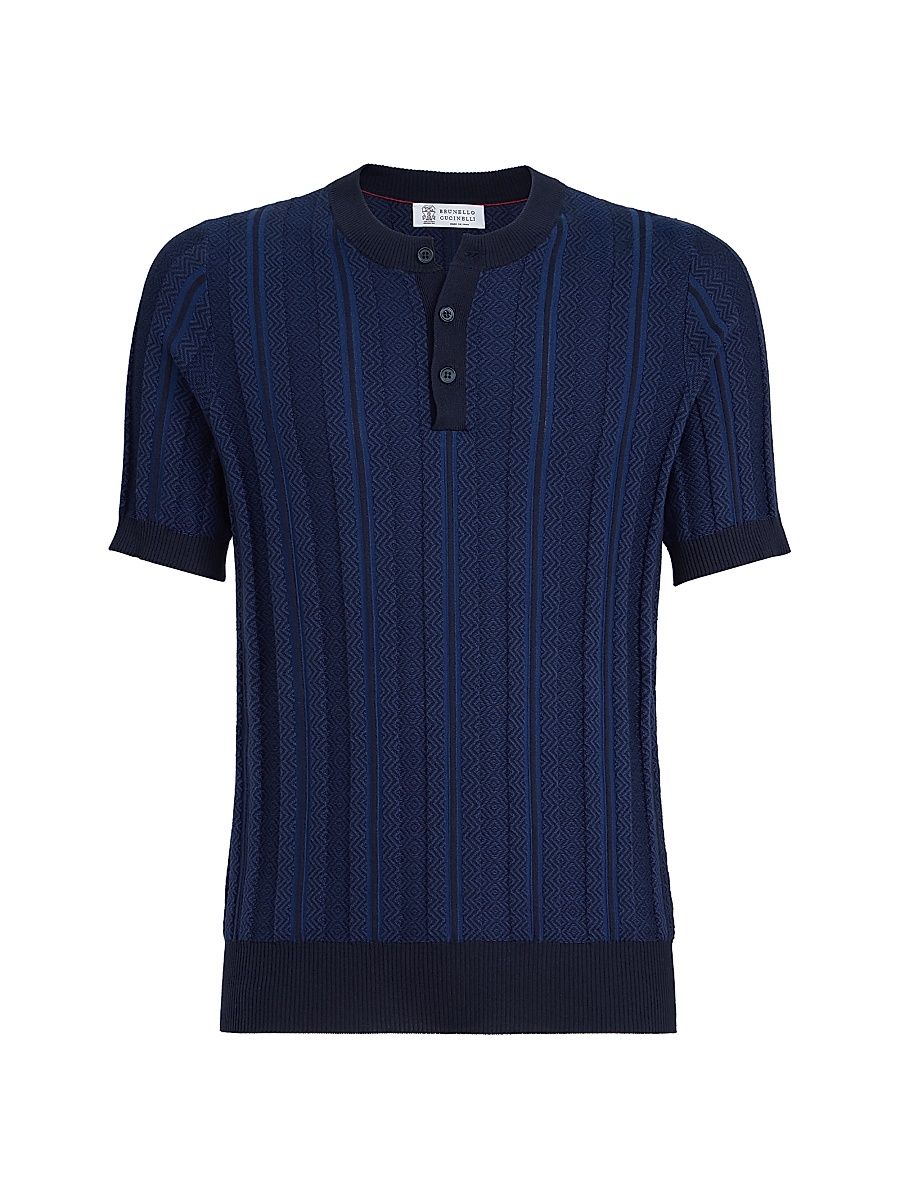 Men's Cotton Jacquard Textured Rib Knit Henley T-Shirt - Navy Blue - Size 48