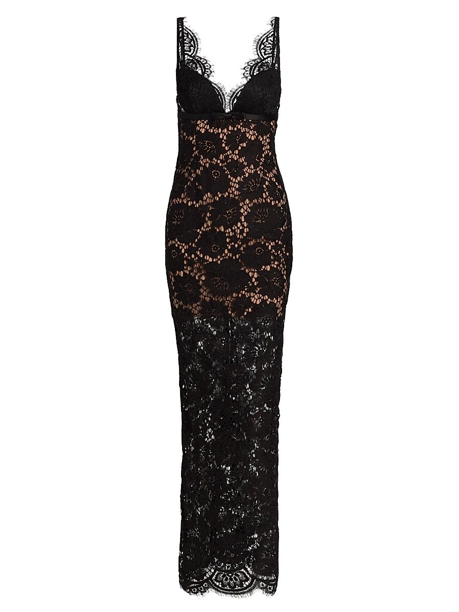 Women's Floral Lace V-Neck Maxi Dress - Black - Size 12