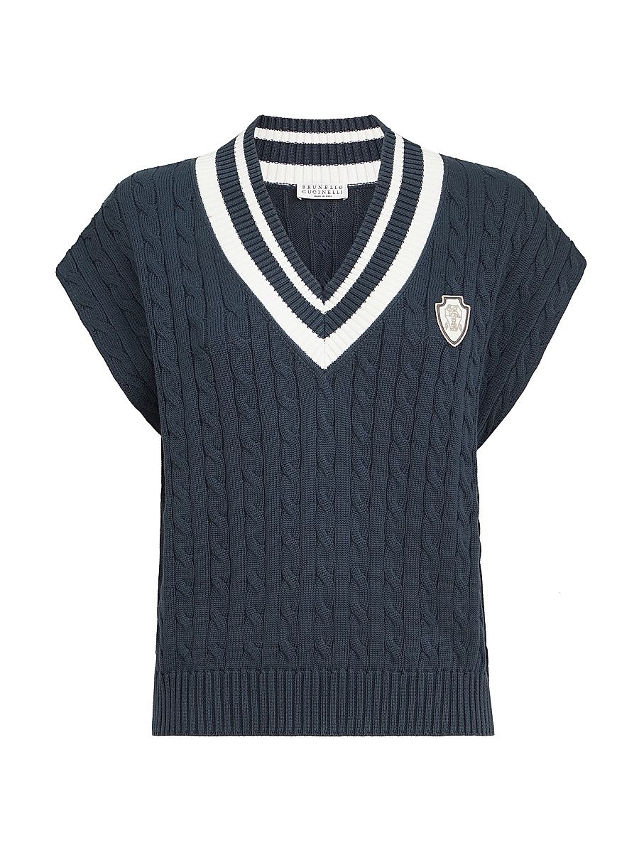 Women's Cotton Cable Knit Sweater with Logo - Blue - Size XXXL