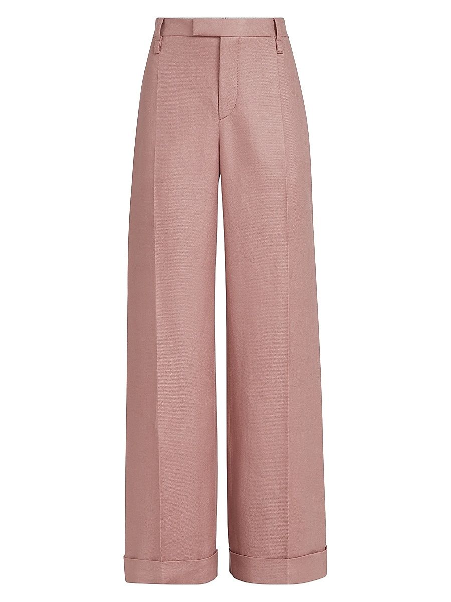 Women's Linen Diagonal Loose Flared Trousers with Monili - Pink - Size 00