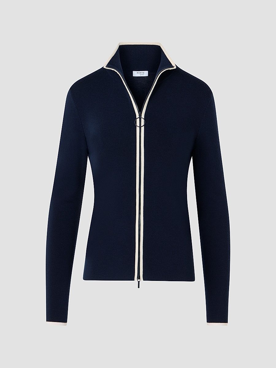 Women's Wool Zip-Front Cardigan - Navy Cream - Size 16