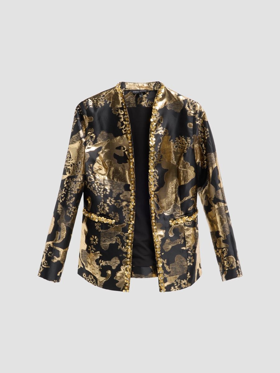 Ming Wang Women's Embellished Metallic-Jacquard Jacket - Black Gold - Size XL