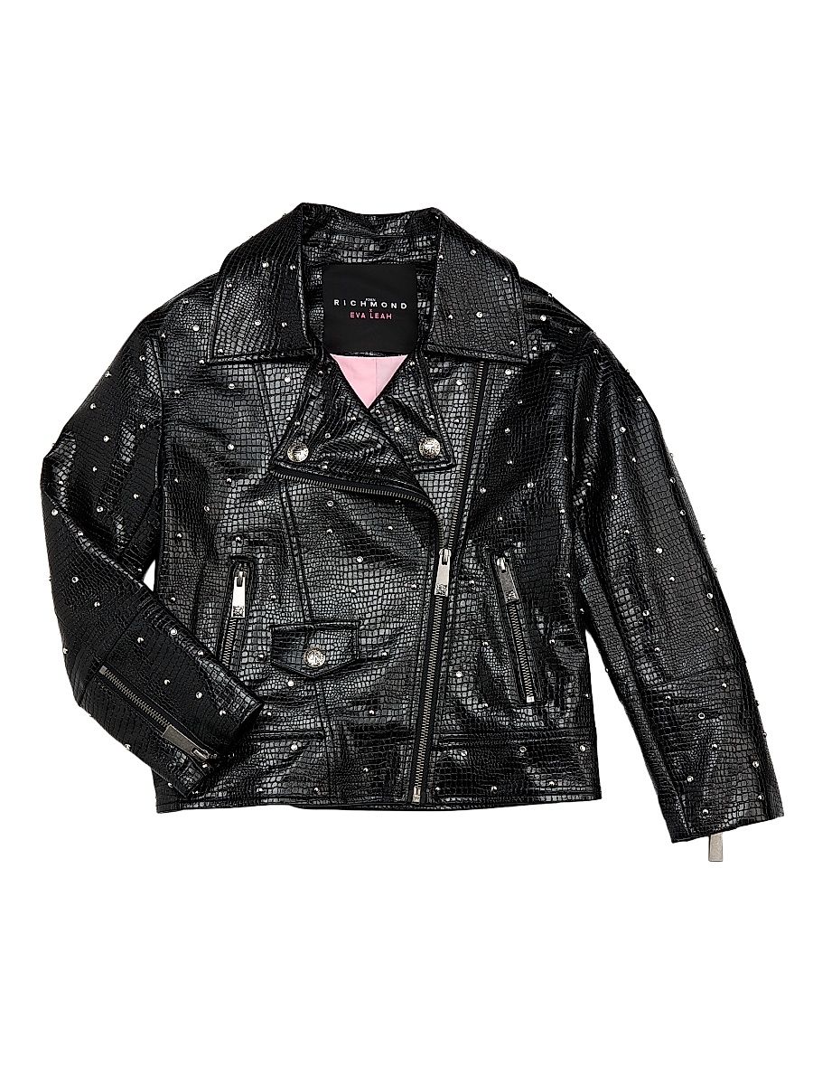 Little Girl's & Girl's Embellished Croc-Embossed Biker Jacket - Black - Size 16