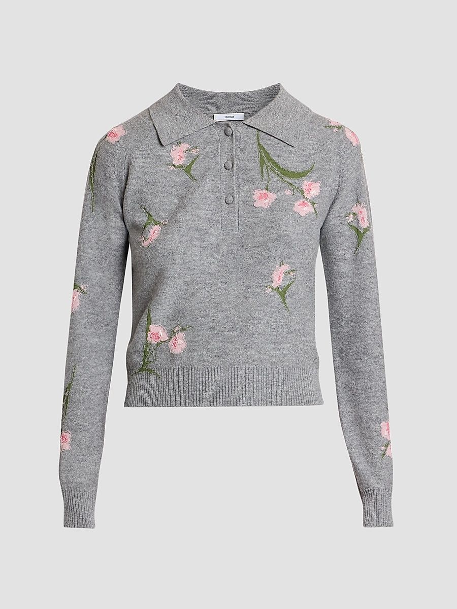 Women's Rib-Knit Floral Merino Wool Sweater - Grey Melange - Size Small