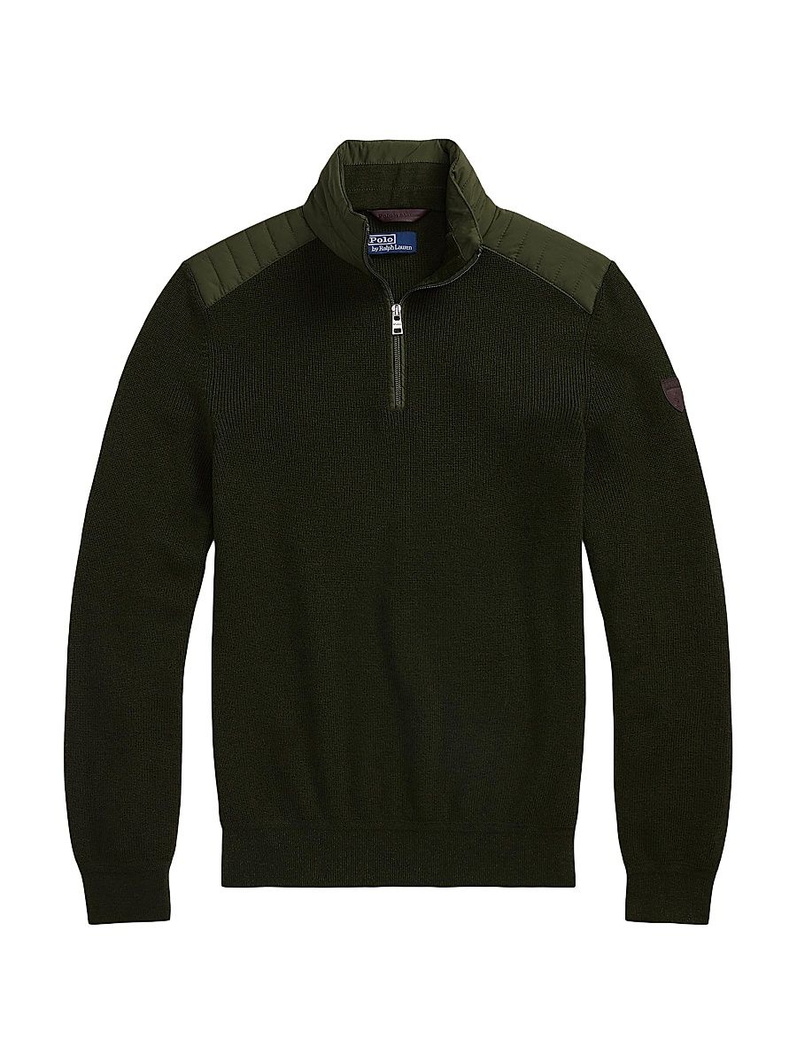 Men's Merino Wool Quarter-Zip Sweater - Olive Combo - Size XXL