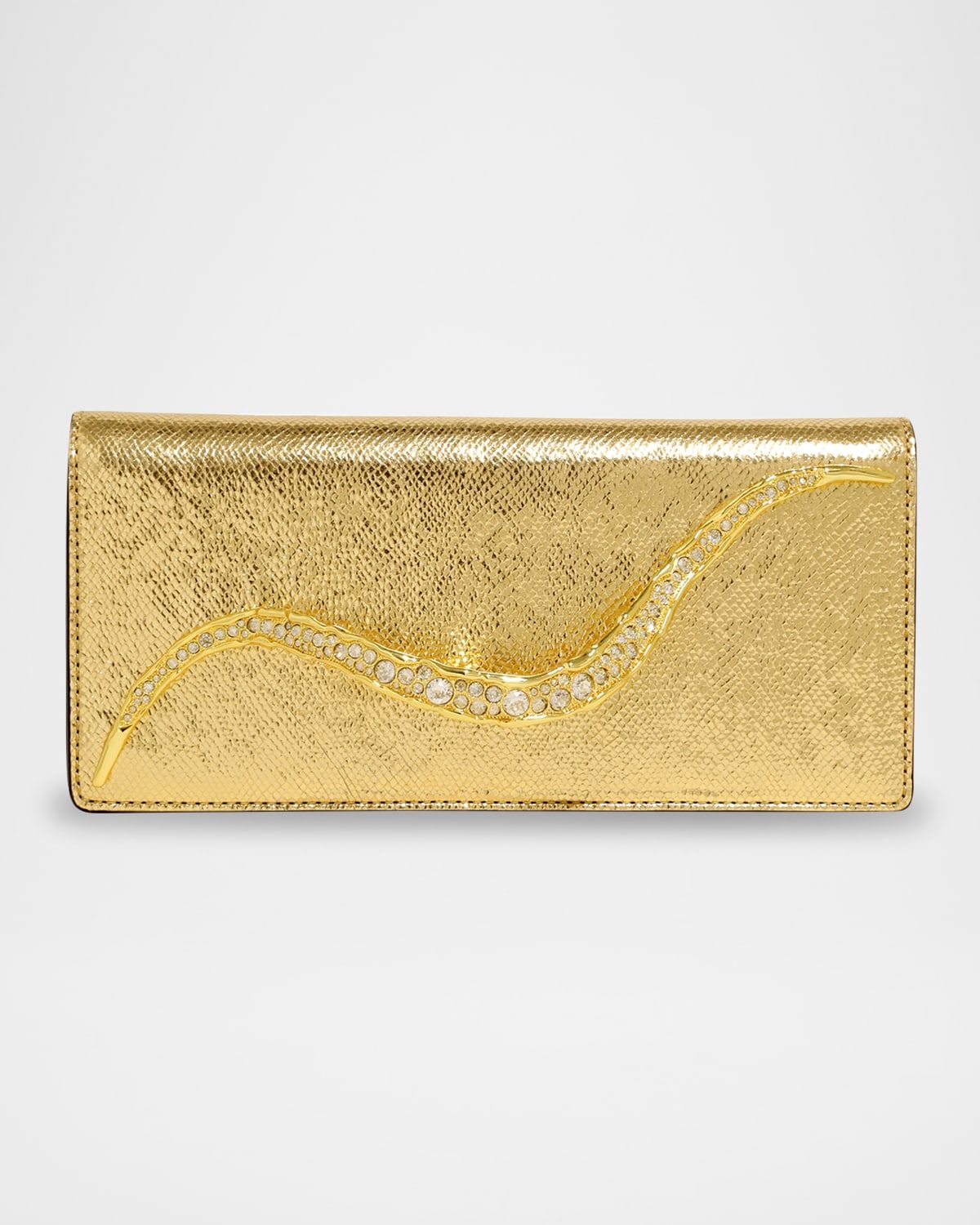 Crystal Curve Snake-Embossed Leather Clutch Bag