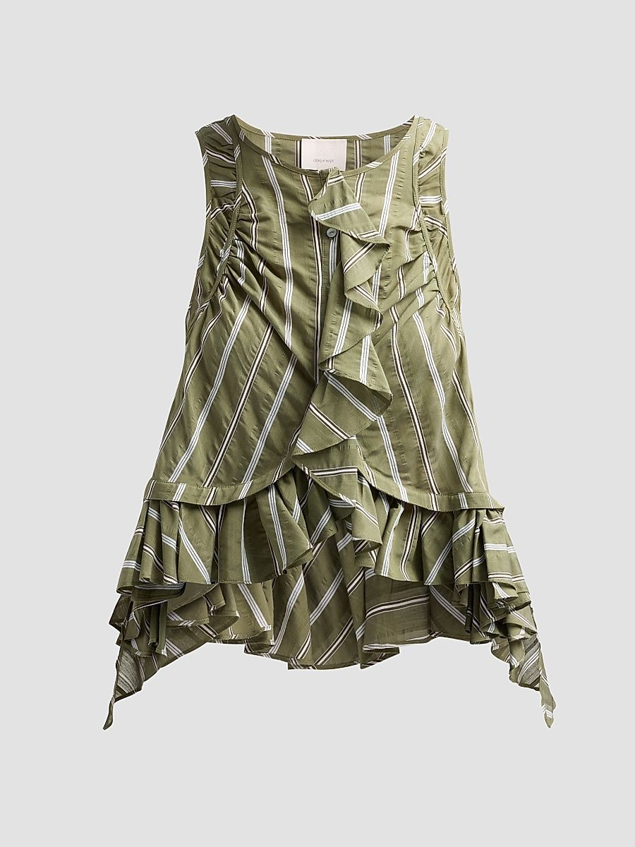 Women's Azura Striped Ruffled Sleeveless Top - Olive Noir - Size XL