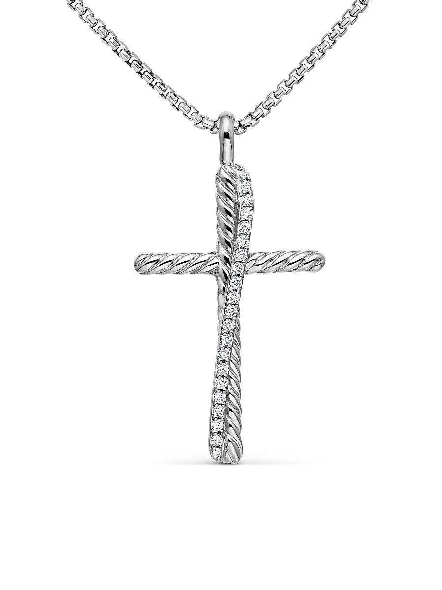 Women's Crossover Cross Necklace with Diamonds - Silver - Size 20