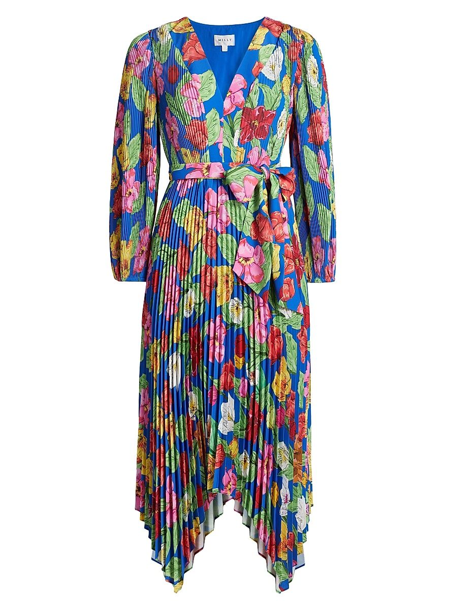 Women's Liora Floral Pleated Tie-Waist Midi Dress - Royal Blue Multi - Size 12