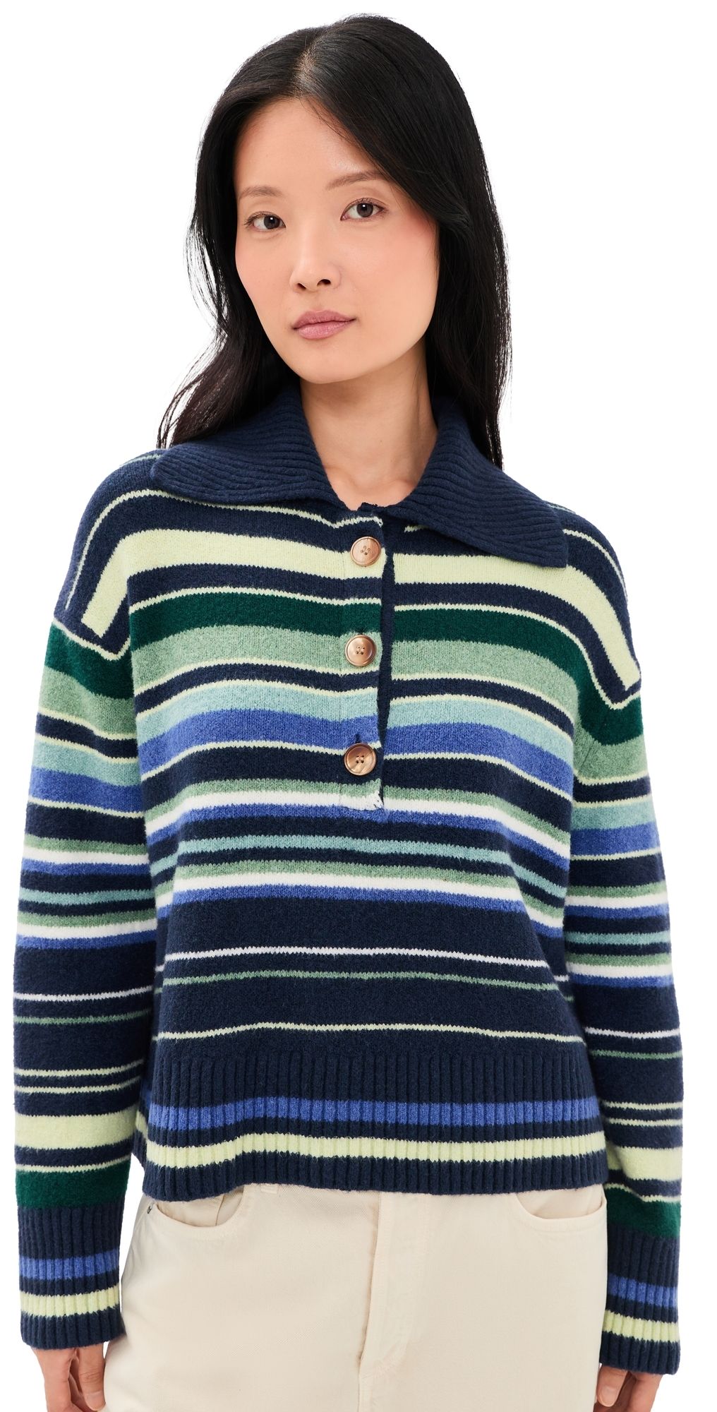 Free People Trading Up Stripe Sweater Navy Combo L