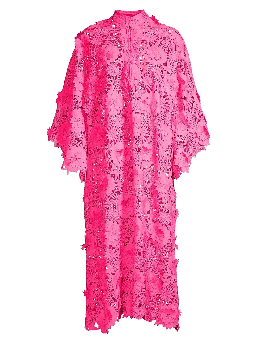 Women's Floral-Lace Caftan Midi-Dress - Hot Pink