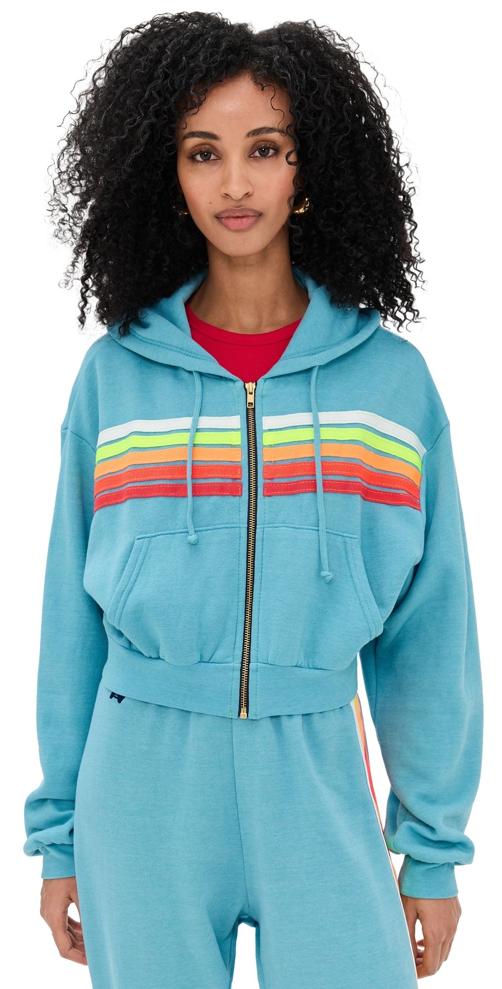Aviator Nation 5 Stripe Cropped Zip Hoodie Aquamarine/White Neon L