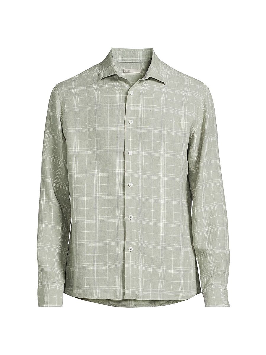 Men's Linen Plaid Button-Up Shirt - Musty Green White - Size XL