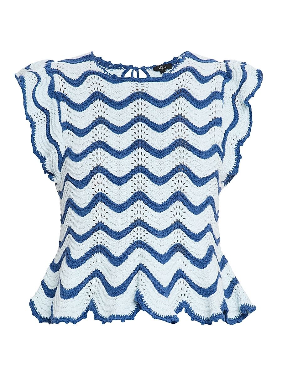 Women's Striped Cotton-Blend Pointelle-Knit Tank - Azure - Size Small