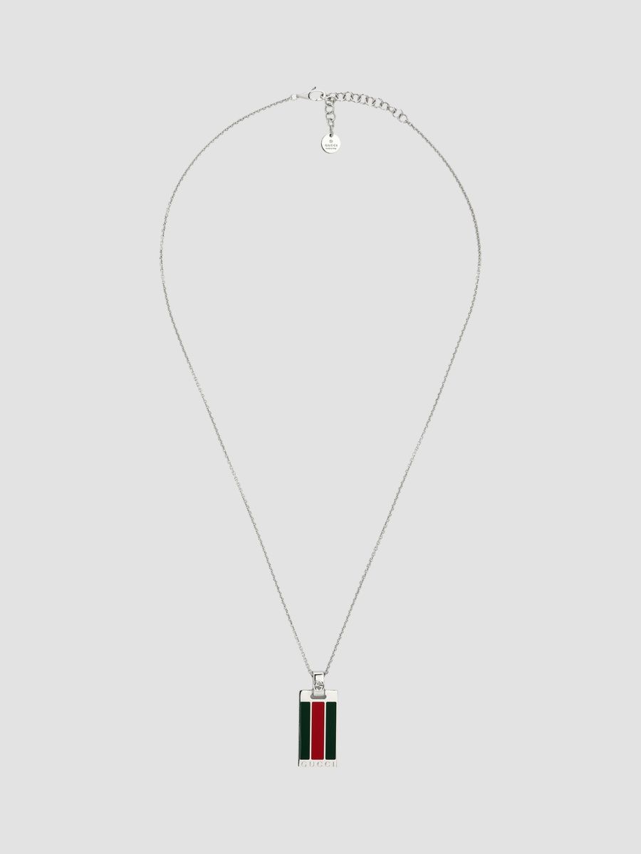 Gucci Men's Web Pendant Sterling Silver Chain Necklace - Silver Green Enamel
