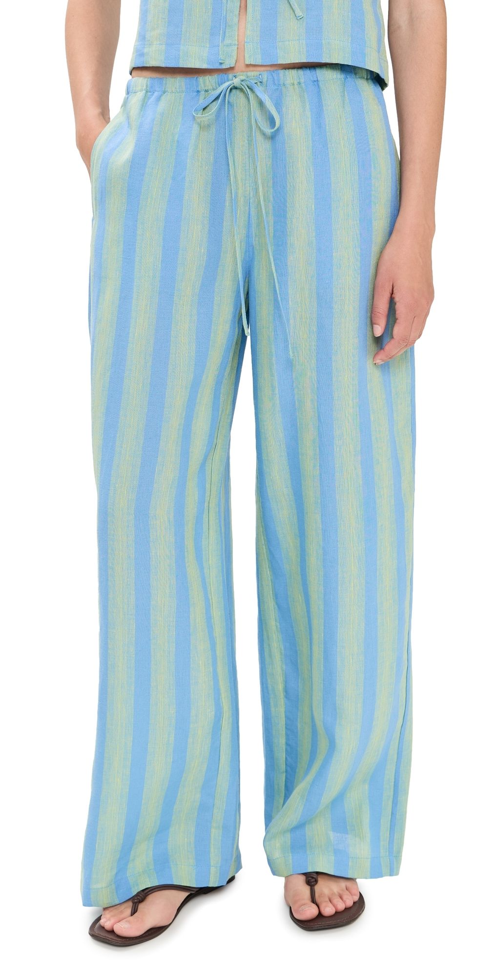 STAUD Mateo Linen Pants Seaport Stripe XS