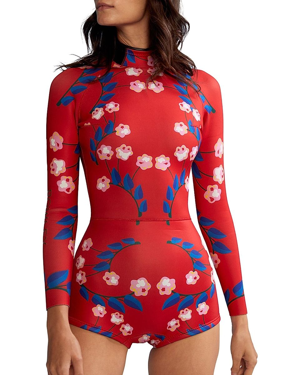 Women's Vine Floral One-Piece Wetsuit - Red Vine Floral - Size Small