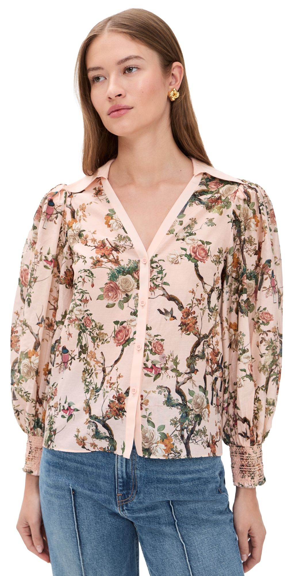 ALICE + OLIVIA Charis Long Sleeve Button Down Blouse Sunset Grove English Rose XS