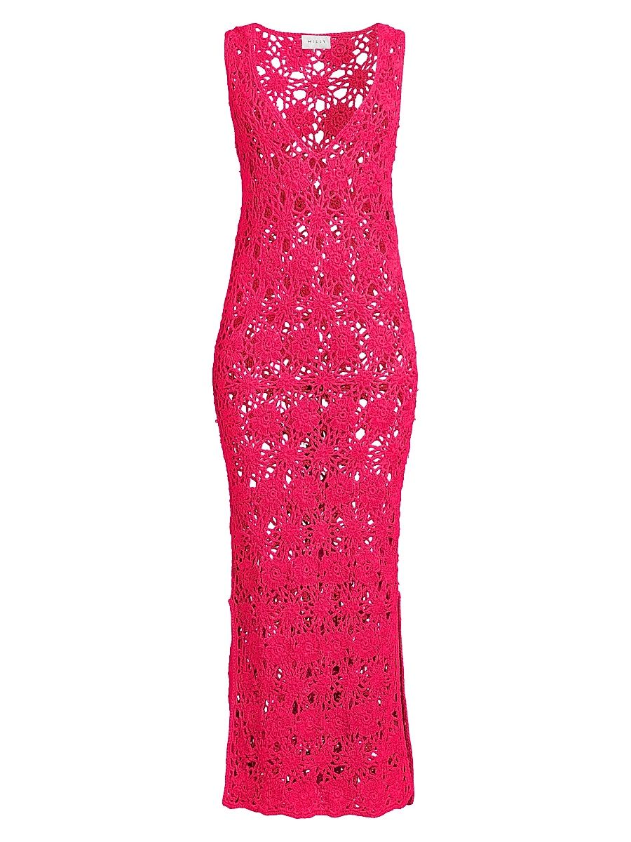 Women's Floral Crochet Cover-Up Midi-Dress - Pink - Size Large
