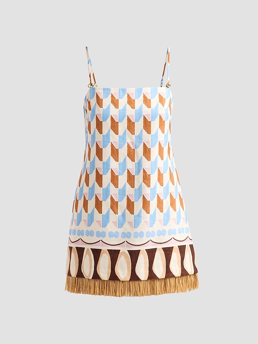 Women's Valencia Geometri Raffia Fringe Mini Dress - Talavera Tile Ivory - Size 14