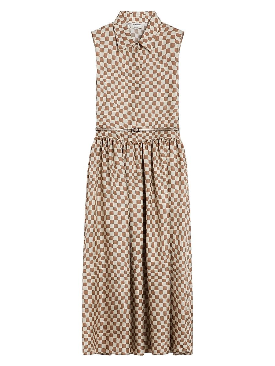 Women's Flared Printed Silk Dress - Antique Rose Damier - Size 16