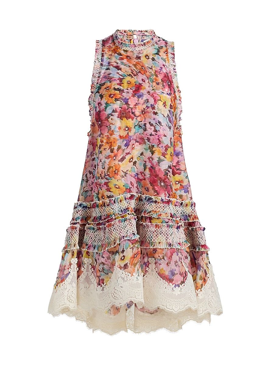 Women's Luna Floral Silk-Linen Shirred Lantern Dress - Multi Floral - Size 8