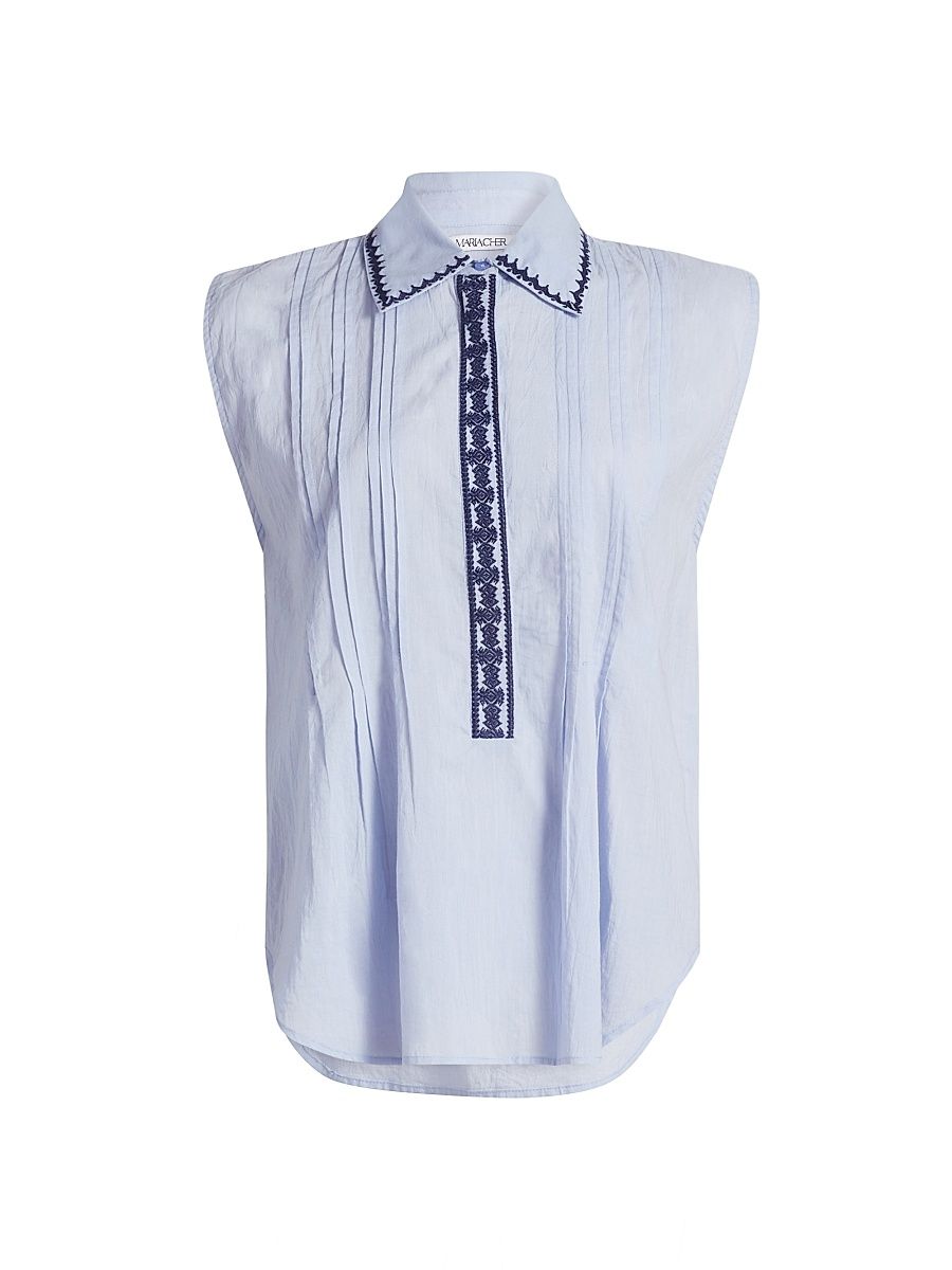 Women's Roca Eden Embroidered-Trim Pintuck Top - Blue Lavander - Size Medium