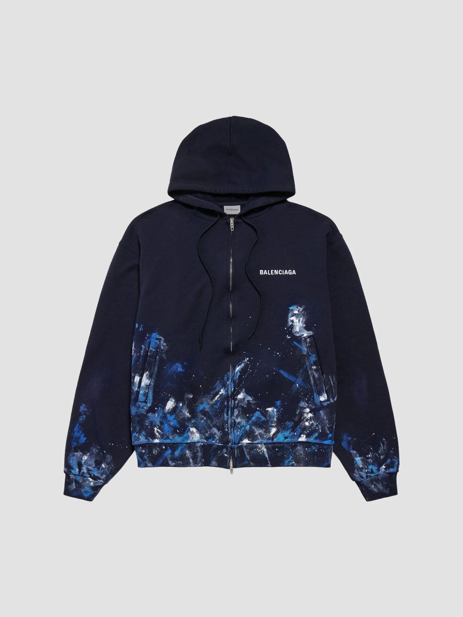 Balenciaga Men's Paint Splatter Oversized Zip-Up Hoodie - Navy - Size XXS