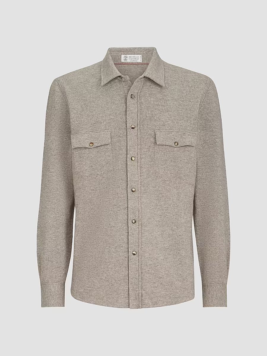 Men's Virgin Wool, Cashmere and Silk Knit Shirt - Stone Grey - Size 34