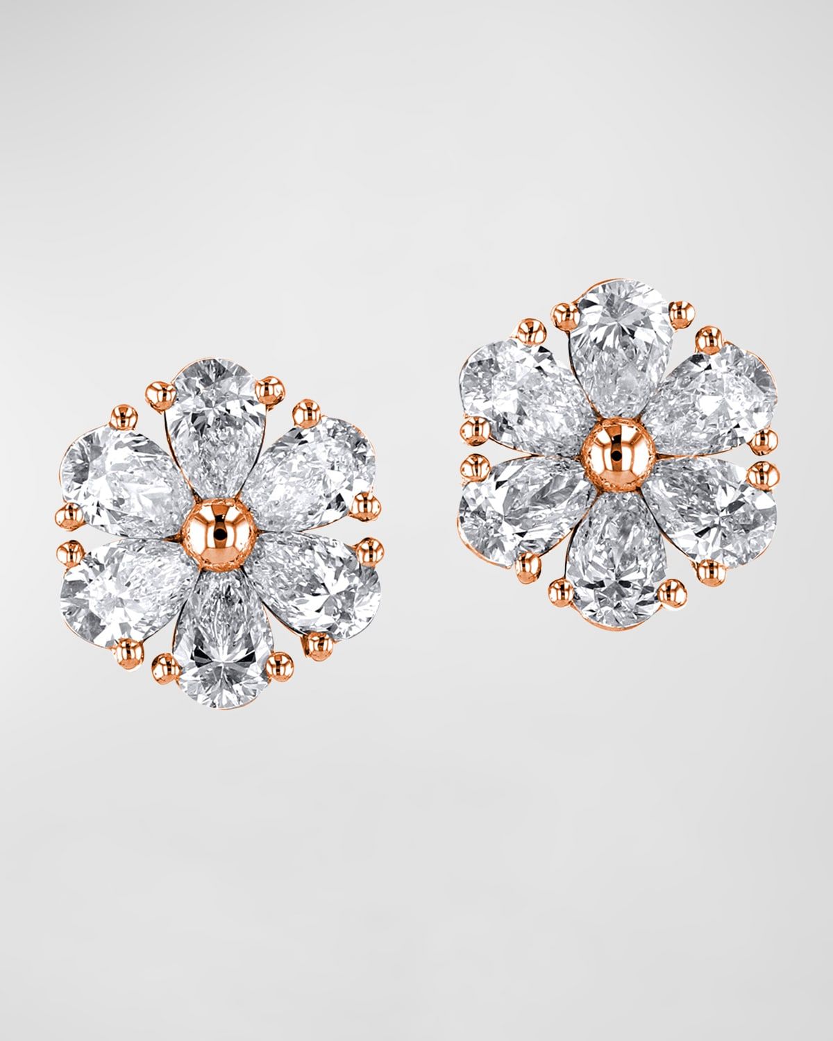 18K Gold Pear-Shaped Diamond Flower Stud Earrings, 6tcw, 0.59"L / 0.59"W