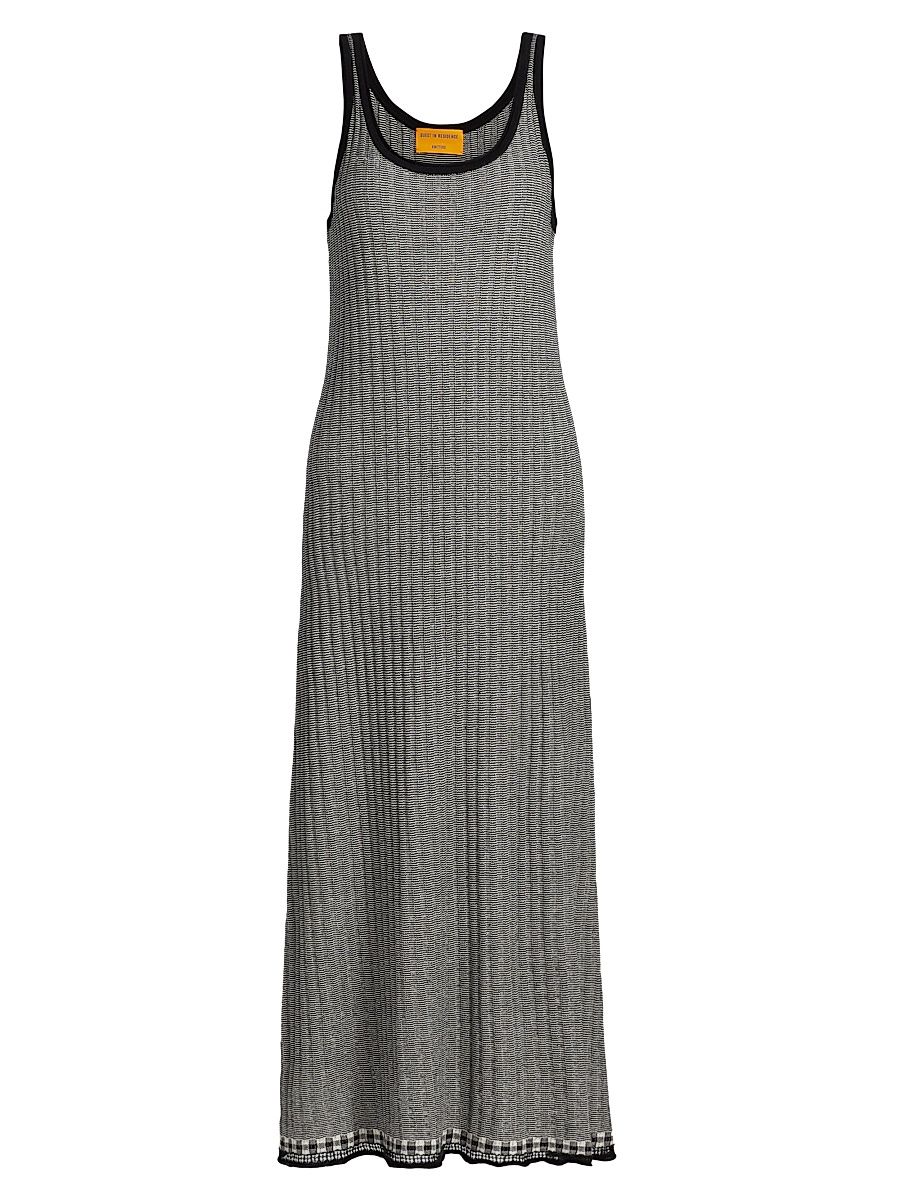 Women's Fine Striped Silk-Linen Maxi Dress - Black Cream - Size XL