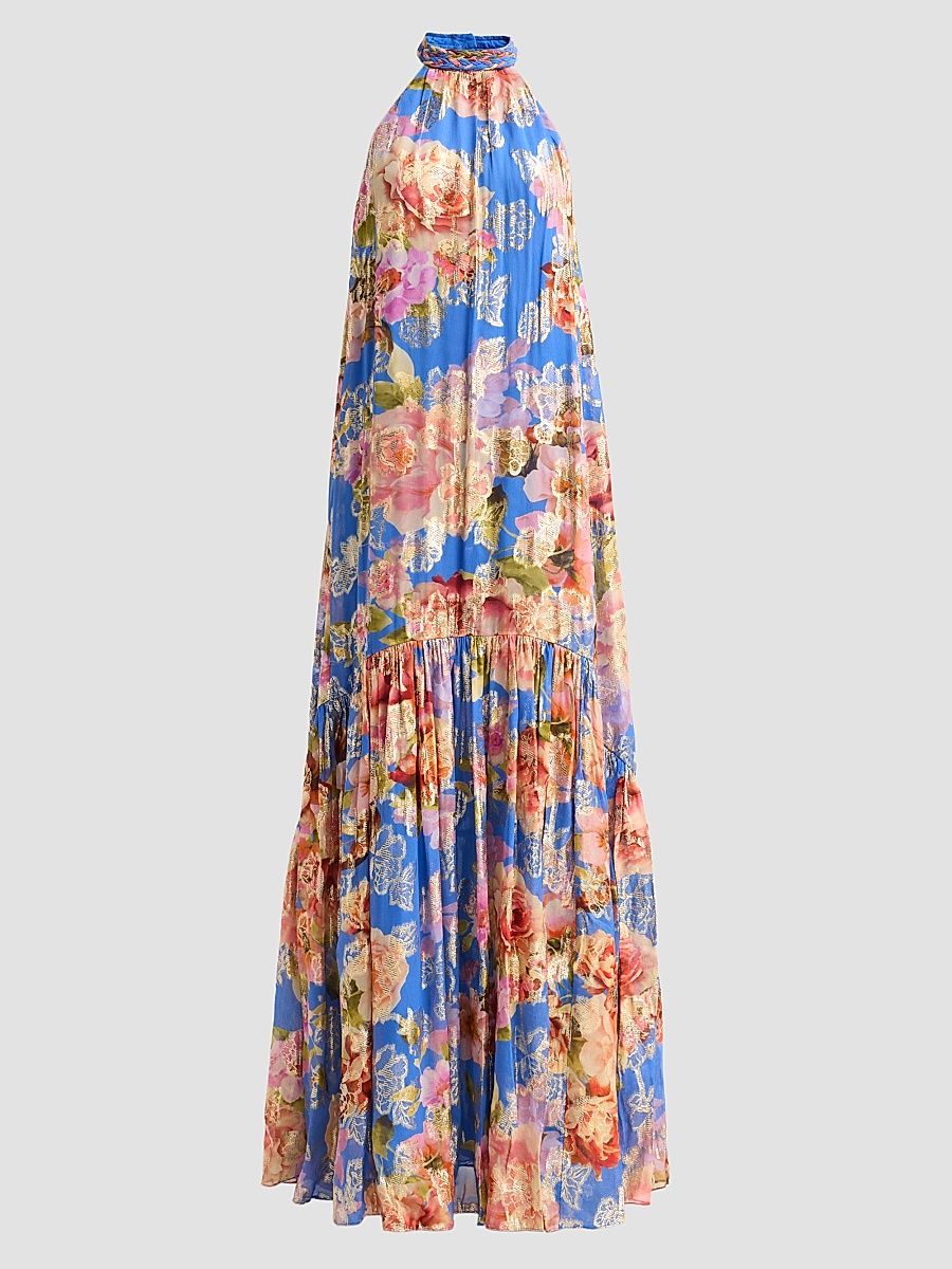 Women's Floral A-Line Maxi Dress - Blue - Size XS