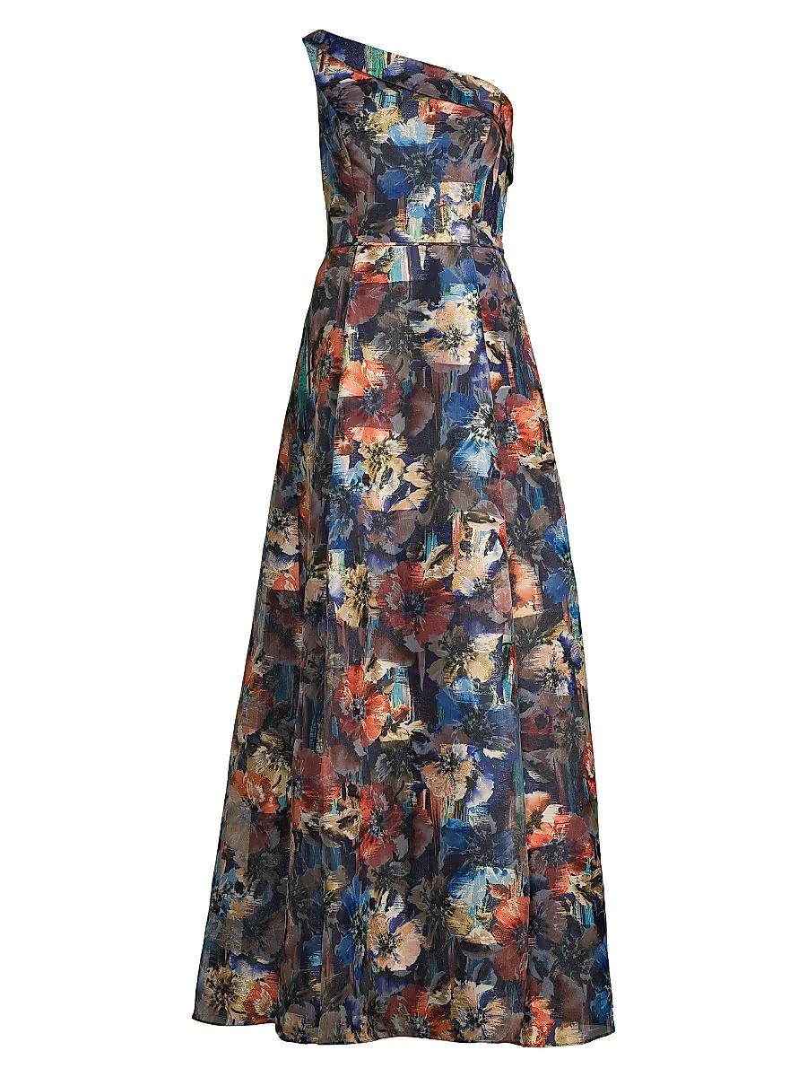 Women's One-Shoulder Floral Ball Gown - Blue Multi - Size 2