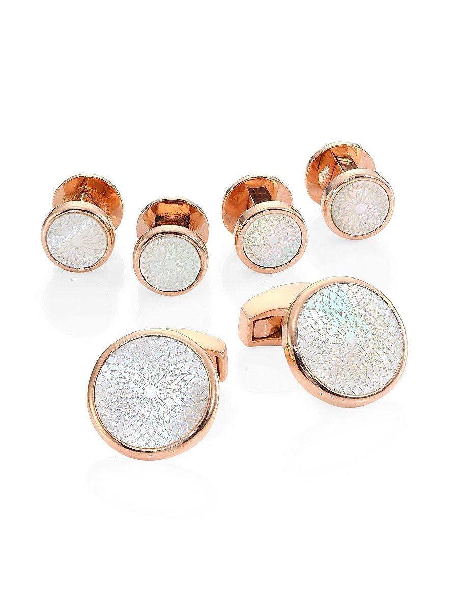 Men's Rotondo Guilloche Mother-of-Pearl Rose Goldplated Cufflinks & Shirt Studs Set - Rose Gold