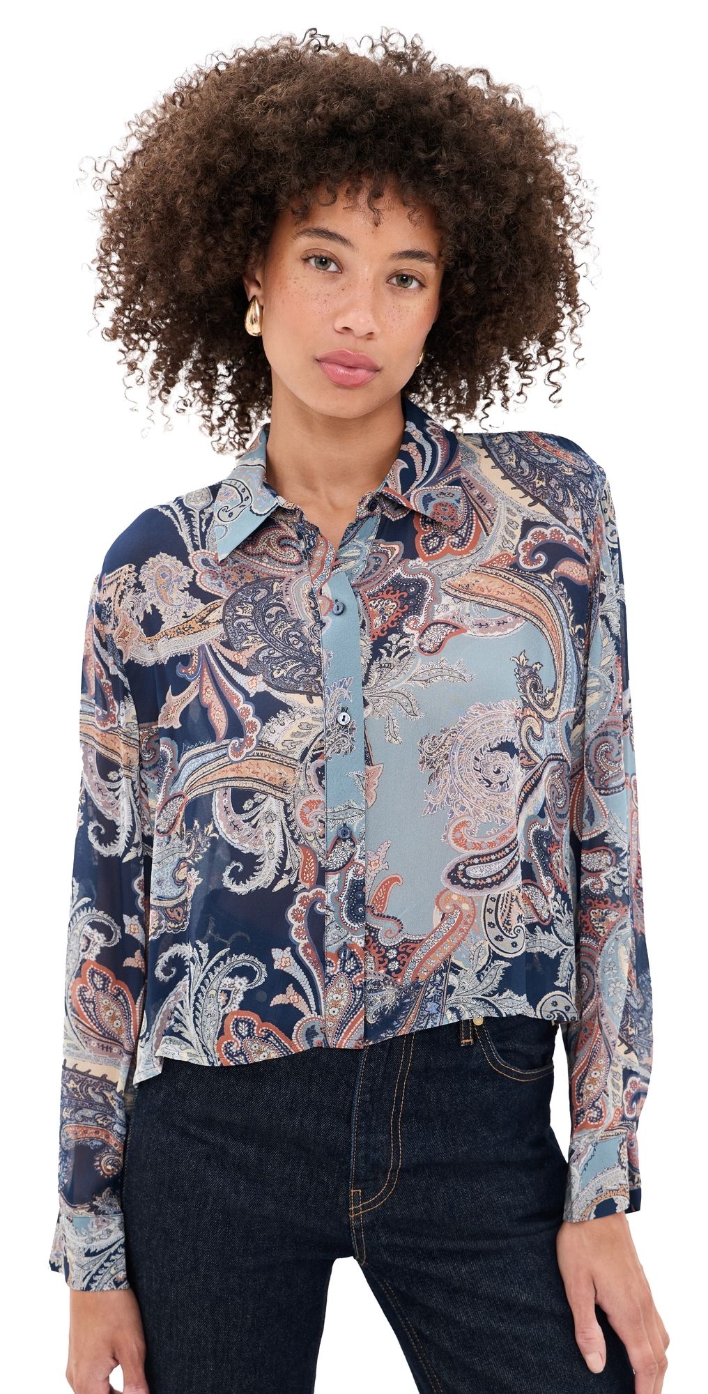 L'AGENCE Cosette High Low Button Down Shirt Mdnt Mt Besarabian Psl XL