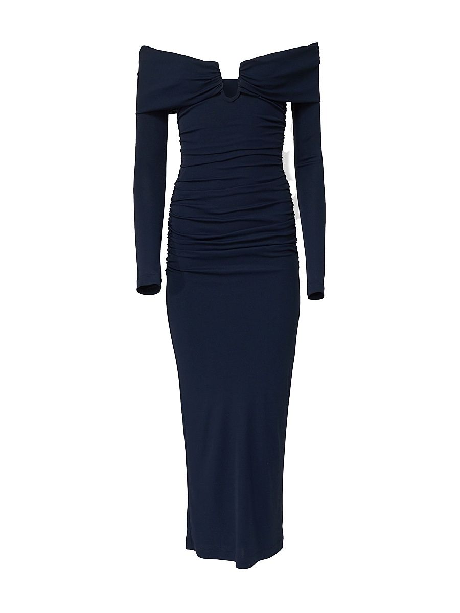 Women's Ruched Off-The-Shoulder Midi-Dress - Midnight - Size Small